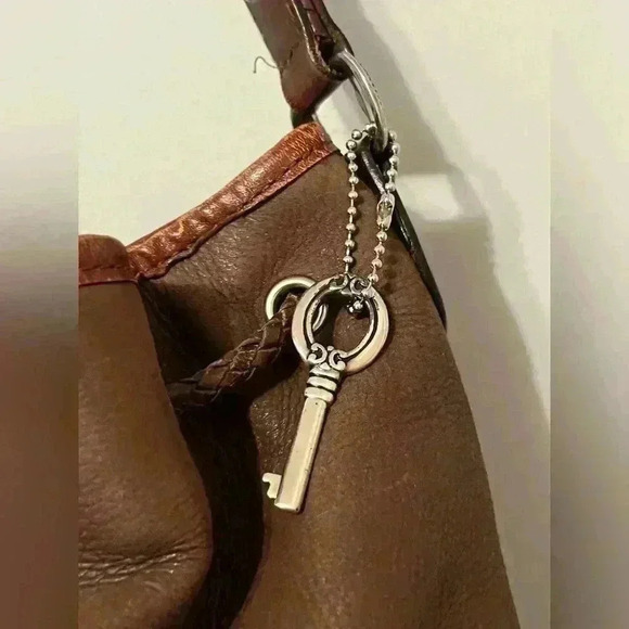 Vintage Fossil Brown Hobo Leather Bucket Shoulder Woven Handle Drawstring Bag - Picture 7 of 16